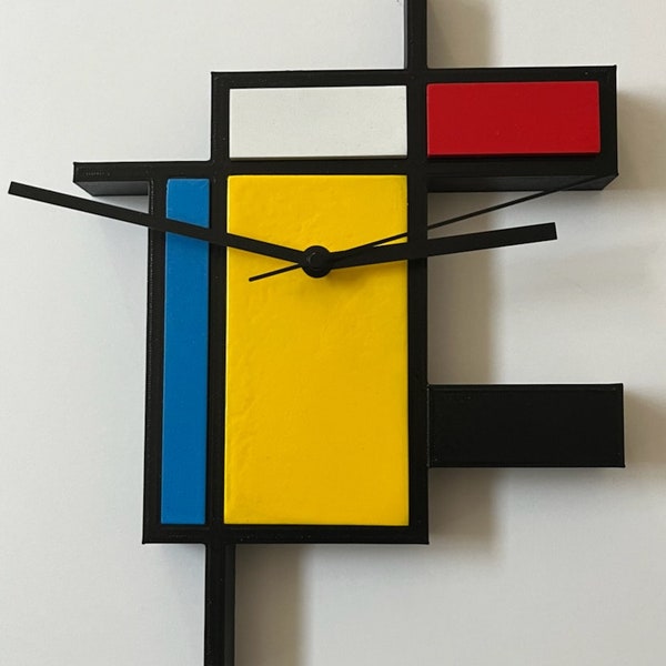 Horloge murale à la manière de Piet Mondrian imprimée en 3D