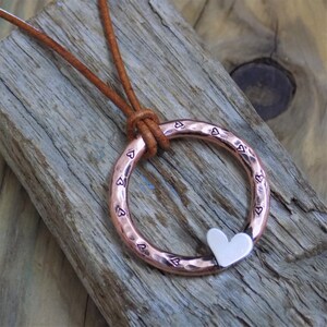 Rustic aged copper ,heart hoop pendant , boho jewellery - made to order