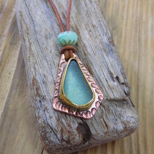 Copper and brass bezel set sea glass boho pendant