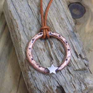Rustic aged copper and star hoop pendant , boho jewellery - made to order