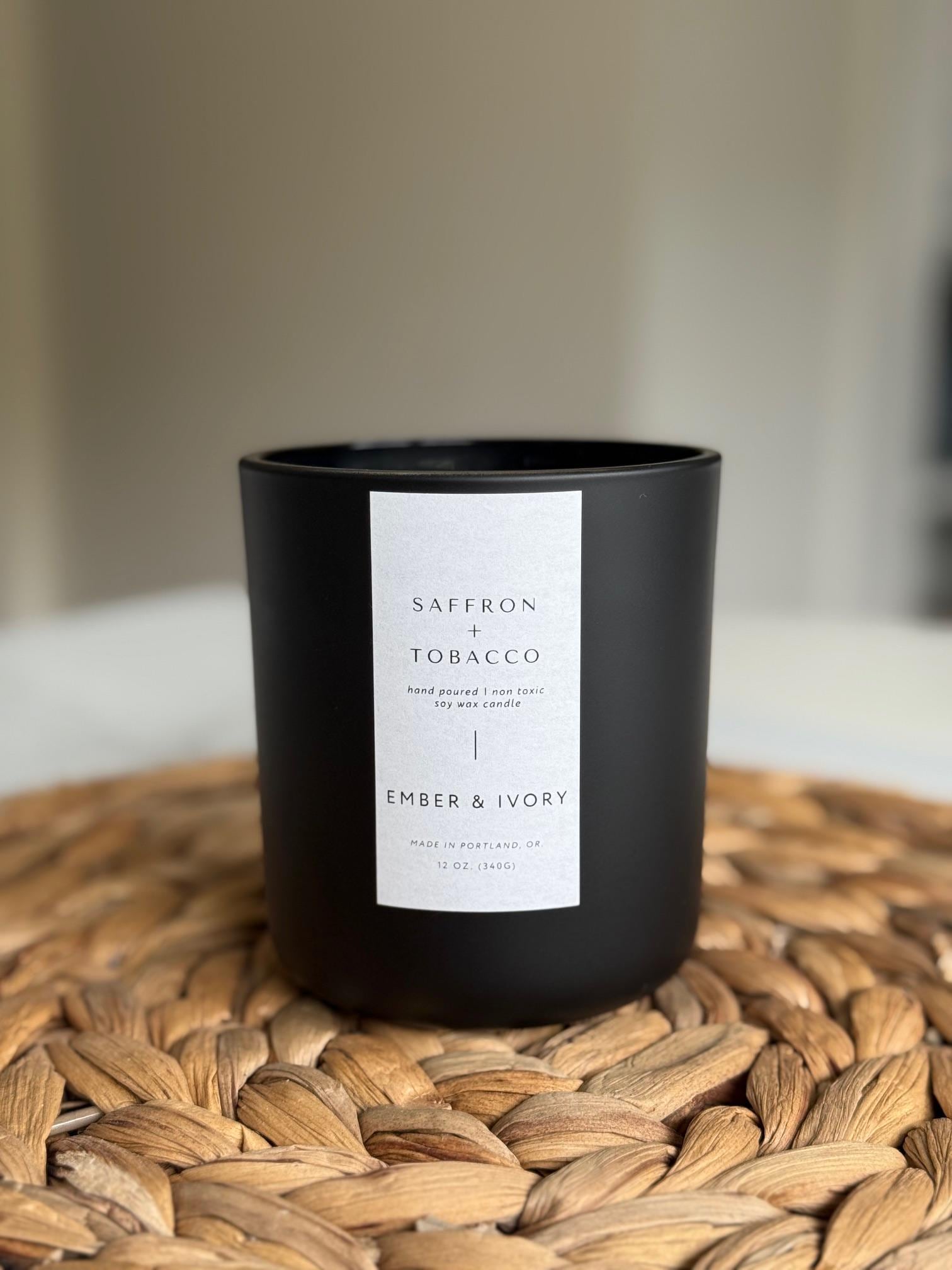 Saffron & Tobacco Candle | 12 Oz Soy Candle | Clean Burning Candle | Black  Reusable Jar | Warm Earthy Scent | Gift for Her | Gift for Him
