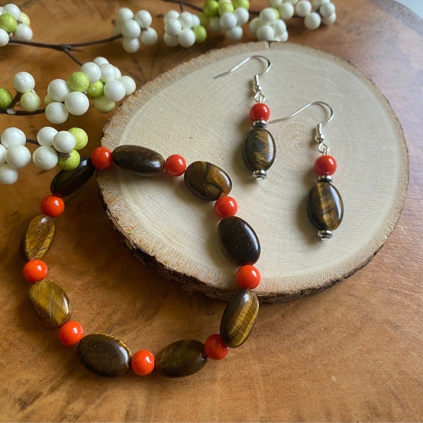 Brown and orange bead earrings and bracelet