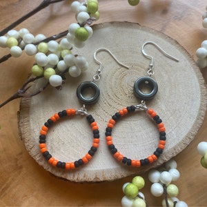 Orange and Black Round Glass Seed Bead Earrings