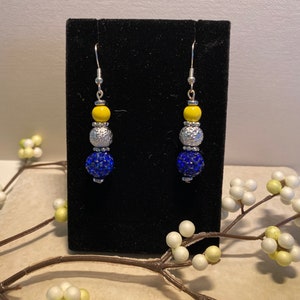 Blue, Yellow and Silver Beaded Earrings