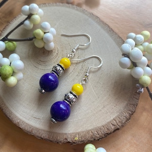 Purple and gold earrings with silver plated accents