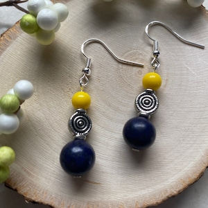 Maize and navy blue earrings with silver plated accents