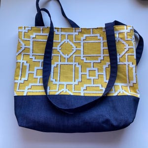 Michigan Maize and Blue Canvas Tote Bag: Handmade Lined Denim Pocketbook