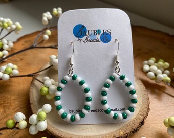 Green and White Teardrop Seed Bead Earrings