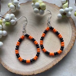 Orange and Black Teardrop Glass Seed Bead Earrings