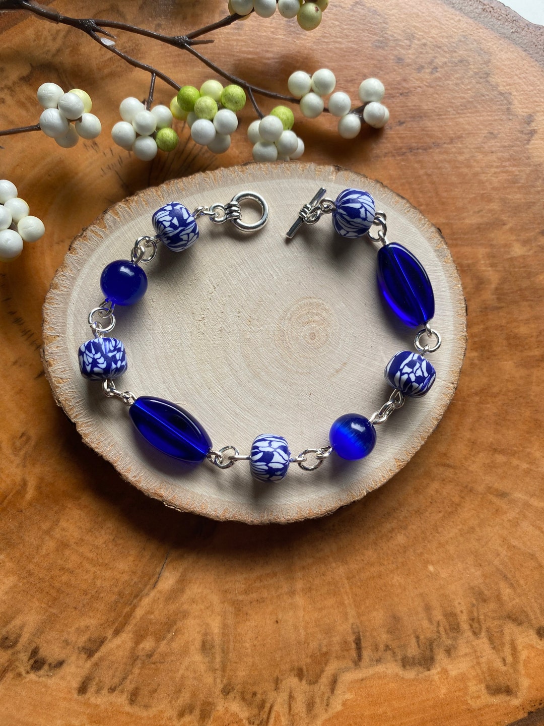 Royal Blue and White Bead Bracelet Etsy
