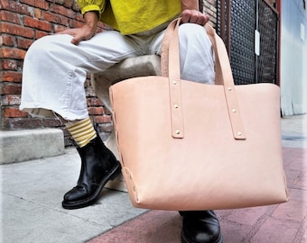 LARGE - Leather Tote Bag - Handmade Leather Bag - Vintage Inspired - Handcrafted Tote Bag - VegTan Leather Tote - Made In US