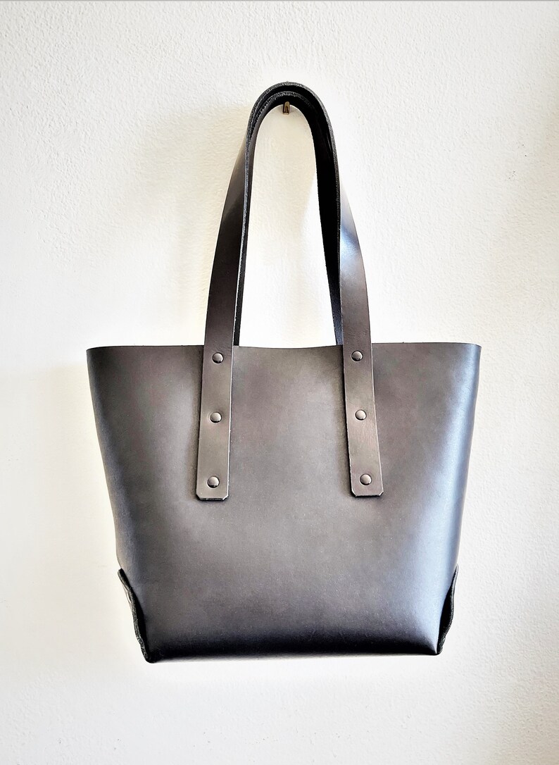 SMALL Black Leather Tote Bag Handmade Leather Bag Vintage Inspired Handcrafted Tote Bag VegTan Leather Tote Made In US image 4