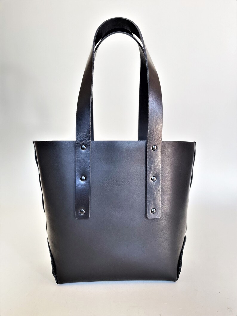 SMALL Black Leather Tote Bag Handmade Leather Bag Vintage Inspired Handcrafted Tote Bag VegTan Leather Tote Made In US image 6