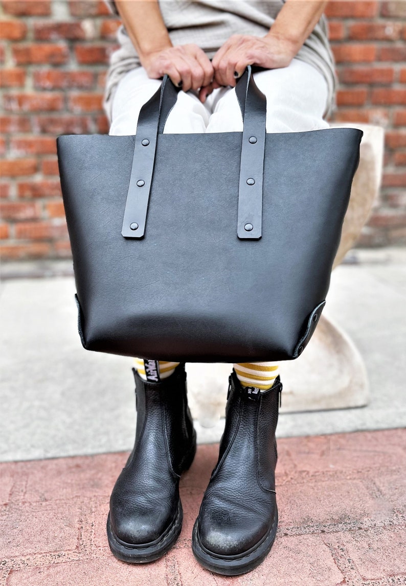 SMALL Black Leather Tote Bag Handmade Leather Bag Vintage Inspired Handcrafted Tote Bag VegTan Leather Tote Made In US image 1