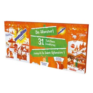 Puede incluir: Un calendario de Adviento rectangular de color naranja de Ovomaltine con 31 puertas numeradas. El diseño incluye ilustraciones invernales, una señal central con el texto Bis Silvester! 31 Türchen Fenêtres Jusqu'à la Saint-Sylvestre! y un conejo.