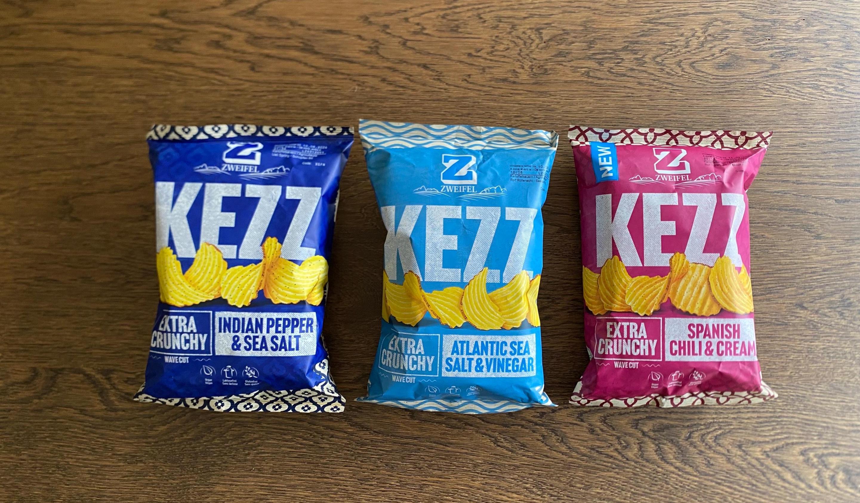 KEZZ Chips Spanish Chili Cream, Indian Pepper Sea Salt, Vinegar