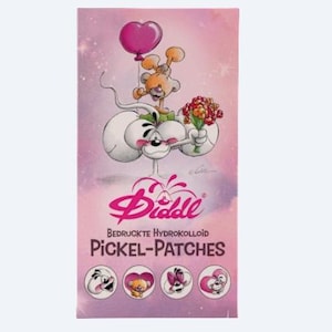 May include: A rectangular pink package featuring a cartoon mouse character holding a bouquet of flowers and a pink heart-shaped balloon. The text reads Diddl Bedruckte Hydrokolloid Pickel-Patches, with four small circular icons showing various character designs.