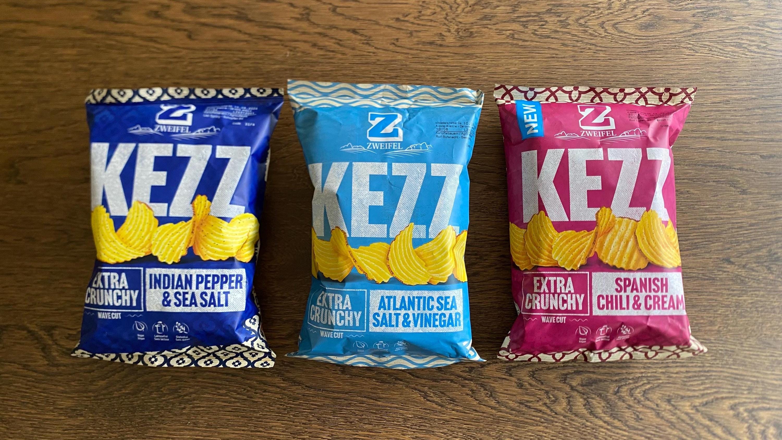 KEZZ Chips Spanish Chili Cream, Indian Pepper Sea Salt, Vinegar