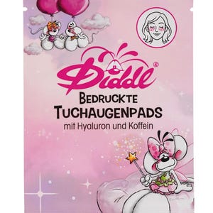 Peut inclure: Un sachet rectangulaire rose de patchs pour les yeux Diddl avec des souris de dessin animé, dont une tenant une baguette étoilée, portant le texte Diddl Bedruckte Tuchaugenpads mit Hyaluron und Koffein et une illustration circulaire d'un visage.