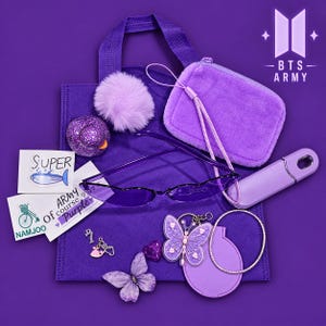 May include: A purple collection featuring a tote bag, a fuzzy pouch with a wrist strap, purple sunglasses, a glittery duck, a butterfly keychain, a circular mirror, a purple lighter, two stickers with text including "SUPER" and "ARMY Of course Purple", and charms.