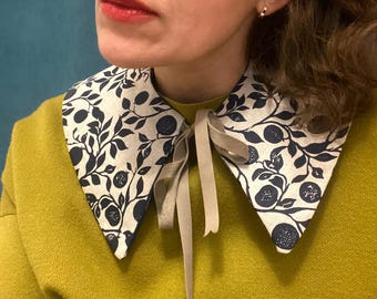 Double-sided Silkscreen-Linen Collar with Velvet Ties - Detachable Peter Pan Collar -Natural Womens Accessoires