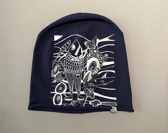 Unisex kids beanie, navy blue color, L/53, printed organic cotton