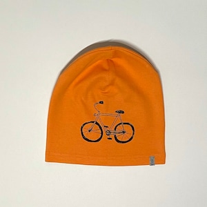 Cycling print kids beanie hat silkscreened, orange M/50, organic cotton