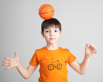 Cycling print  kids T-shirt silkscreened, orange 110-116, organic cotton