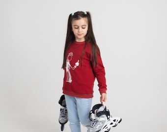 Long-sleeved sweatshirt for a girl in red color made of organic cotton with print 134/140