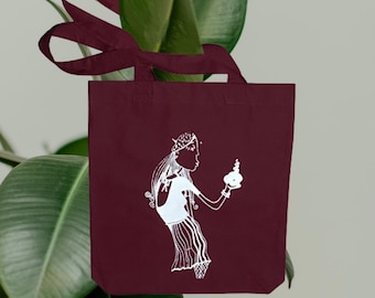 Screen-Printed Organic Cotton Tote Bag - Bordeaux Color, Long Handle