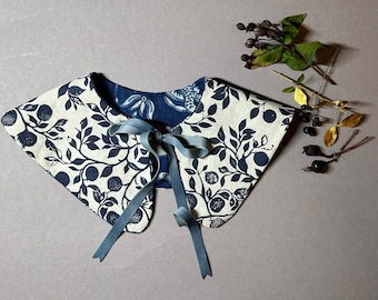 BLUE Botanical Print Linen Collar – Handmade Velvet Tie Peter Pan Collar