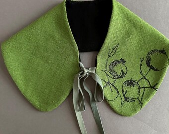 Reversible Linen Wool Collar: Handmade Screenprinted Pomegranate Neck Accessory