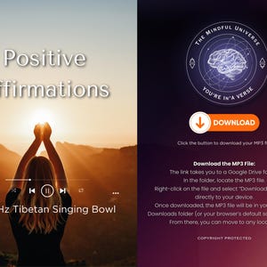 May include: Image with the text "Positive Affirmations" and "528Hz Tibetan Singing Bowl". A person's silhouette is seen with arms raised towards the sun. The right side features a download button and text about downloading an MP3 file.