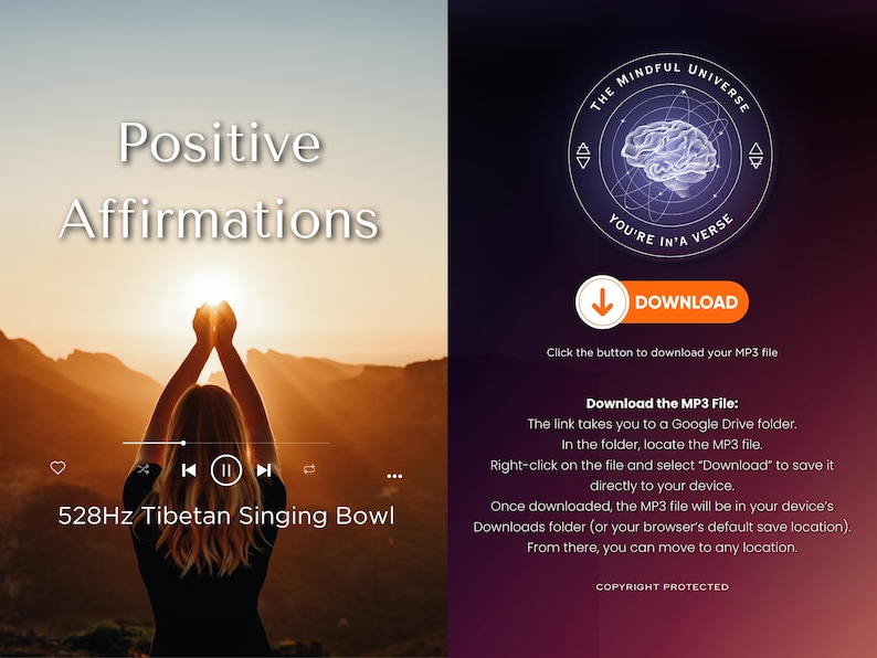 May include: Image with the text "Positive Affirmations" and "528Hz Tibetan Singing Bowl". A person's silhouette is seen with arms raised towards the sun. The right side features a download button and text about downloading an MP3 file.