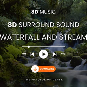 May include: A digital audio player with a play button, rewind and fast forward buttons, and a download button. The player is set against a background of a lush green forest with a waterfall and stream.