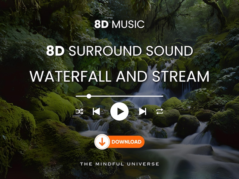 May include: A digital audio player with a play button, rewind and fast forward buttons, and a download button. The player is set against a background of a lush green forest with a waterfall and stream.