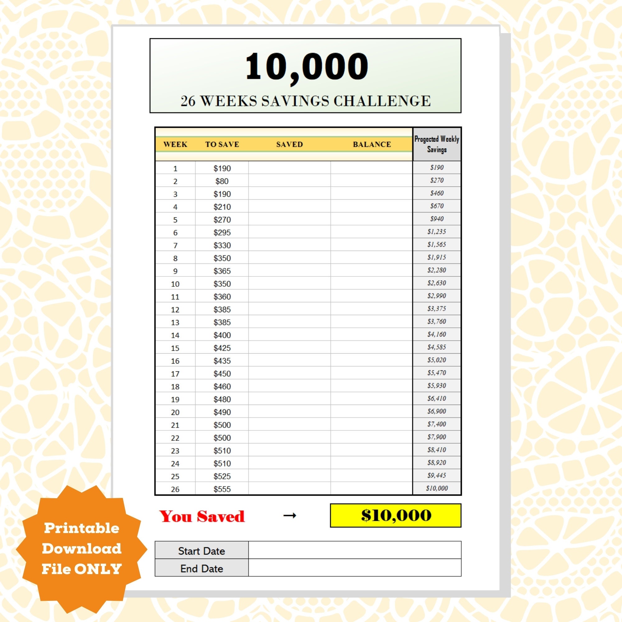 Save 10000 Dollar's in 26 Weeks 10K Money Savings - Etsy