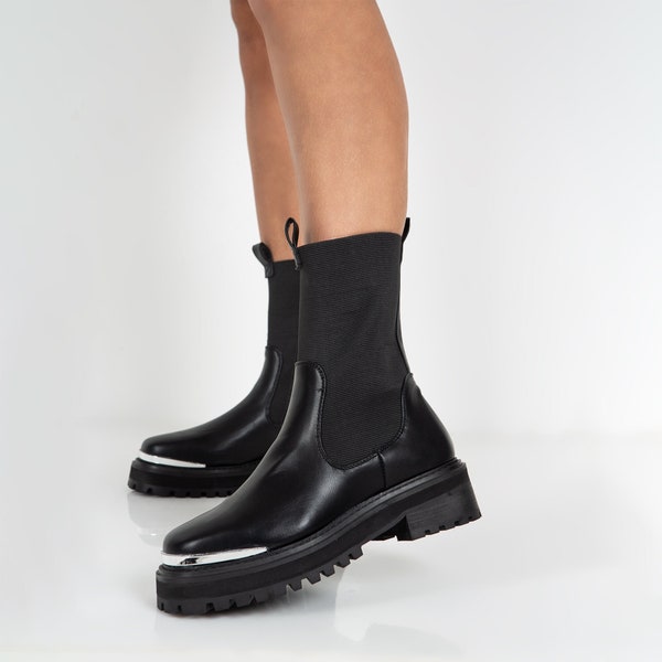 Women's silver toe ankle boots  - BLACK