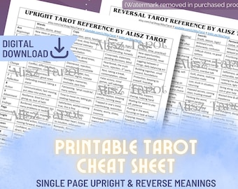 Tarot Cheat Sheet Quick Reference Guide - major & minor arcana upright reversal meanings printable download PDF meanings digital instant