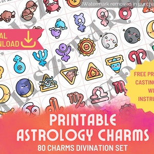 May include: Printable astrology charms set with 80 charms. The charms are in a circle and feature various astrological symbols, including the sun, moon, stars, and planets. The charms are in a variety of colors, including pink, blue, yellow, and green. The text "FREE PRINTABLE CASTING SHEET WITH INSTRUCTION" is in a yellow box.