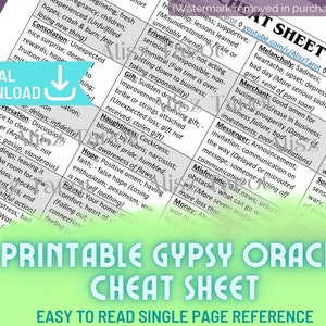 Guía de referencia rápida de Gypsy Oracle Cheat Sheet - significados de adivinación vertical e inversa descarga imprimible PDF digital instantáneo