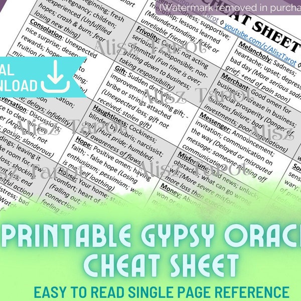 Gypsy Oracle Cheat Sheet Guide de référence rapide - Significations de la divination verticale et inversée imprimable en téléchargement PDF numérique instantané