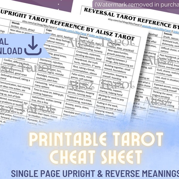 Tarot Cheat Sheet Quick Reference Guide - major & minor arcana upright reversal meanings printable download PDF meanings digital instant