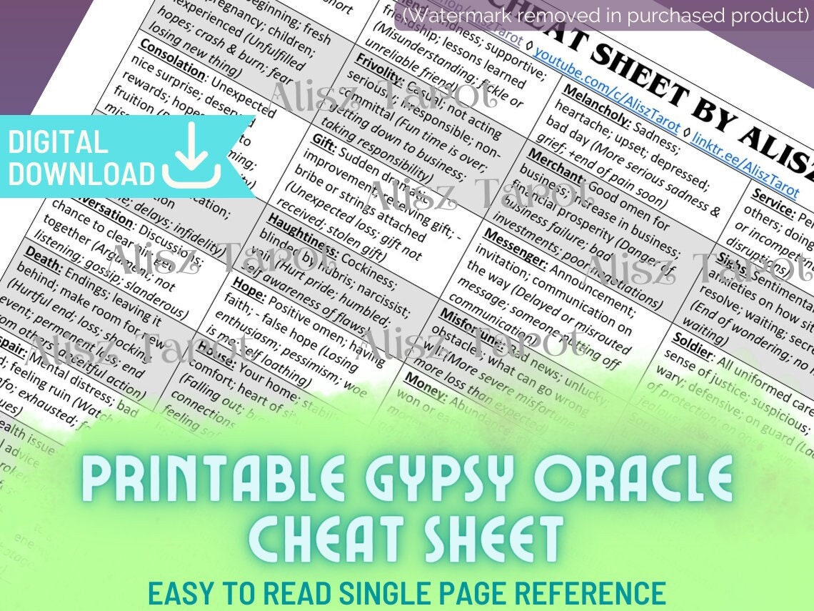 Gypsy Oracle Gypsy Oracle Cheat Sheet Quick Reference Guide Upright & Reversal ...