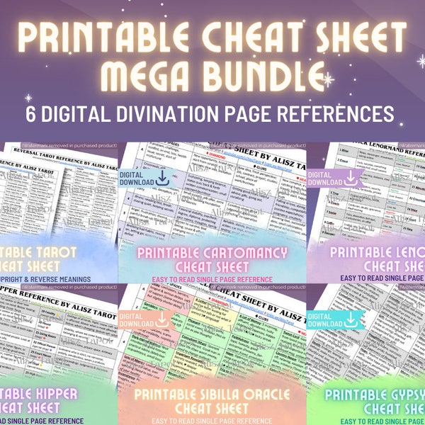 MEGA BUNDLE Cheat Sheet Quick Reference Guide - Tarot, Lenormand, Kipper, Cartomancy, Gypsy, Sibilla meanings printable PDF instant download