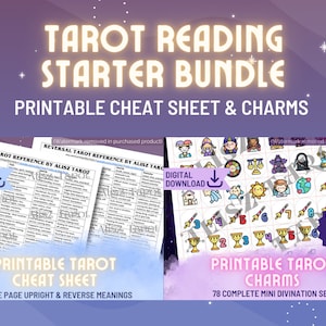 Tarot Reading Starter Bundle Printable Cheat Sheet and Charms - major & minor arcana upright reversal meanings - Instant Download PDF