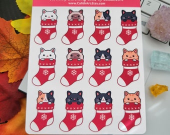 Christmas Cats Sticker Sheet | Stockings, Cat Sticker, Holiday Sticker, Christmas Sticker, Holiday Gift Label, Stocking Stuffer