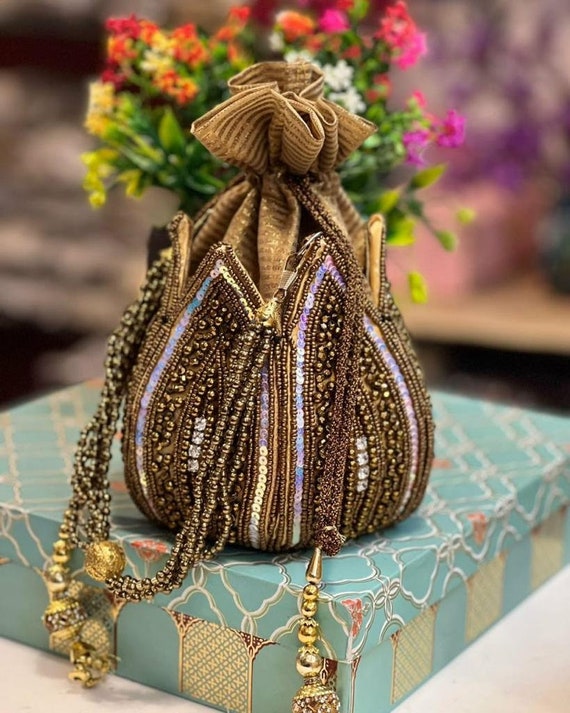 Gold Potli Bag Wedding Gift Handmade Unique Purse Embroidered