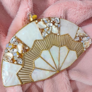 Fan shape 2023 Designer original seashell inlaid brass handcrafted clutch bag, luxury Clutch bag diamante, wedding clutch for bridesmaid