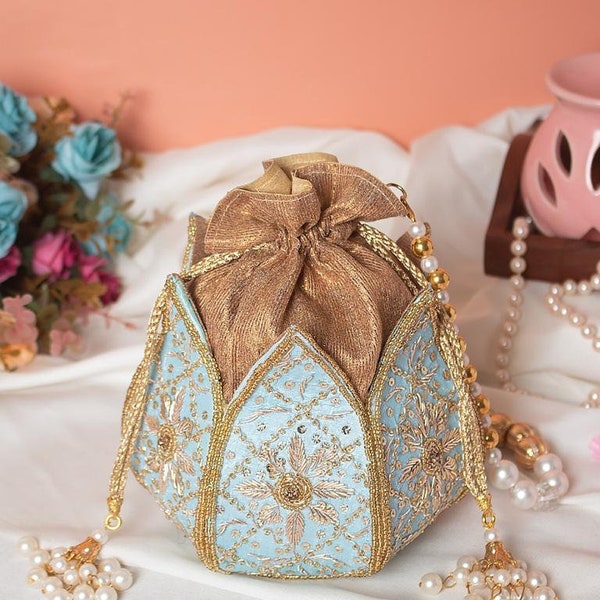 lotus potli sac cadeau de mariage fait à la main sac à main unique brodé indien sac de mariée sac à main cadeaux de fiançailles cadeaux de demoiselle d'honneur cadeaux d'anniversaire